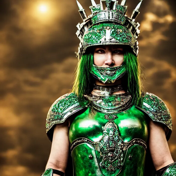 Image similar to full length photo of a beautiful strong warrior queen wearing emerald encrusted armour, highly detailed, 4 k, hdr, smooth, sharp focus, high resolution, award - winning photo