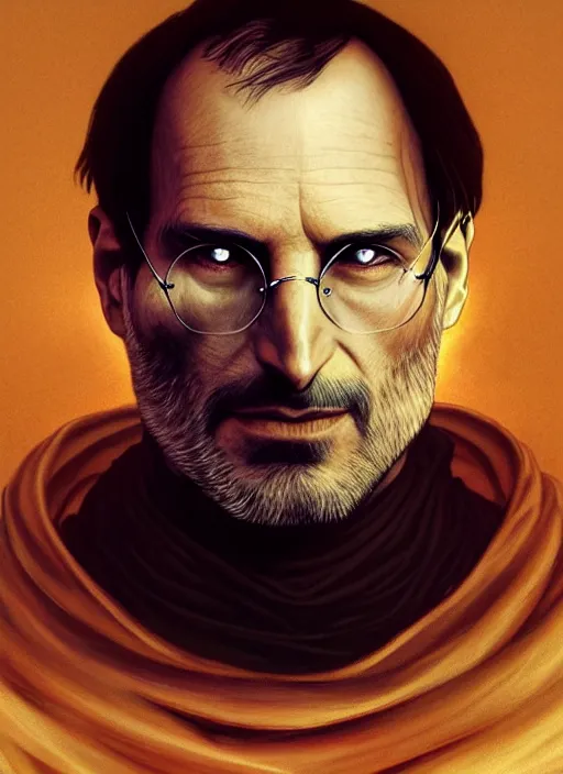 Image similar to Portrait of Steve Jobs, white glowing eyes, cloak, face enhance, male, fantasy, extremely detailed, digital painting, artstation, concept art, smooth, sharp focus, illustration, stunning lighting, art by artgerm and alphonse mucha and simon stalenhag, realistic character concept, high fantasy, light atmosphere, golden ratio, cinematic lighting, hyperdetailed, high resolution, insanely detailed and intricate, Marc Simonetti, Greg Rutkowski, 8k