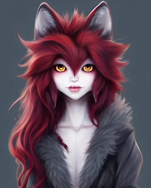 Image similar to character concept art of a dark grey anthropomorphic furry wolf with long red hair | | cute - fine - face, pretty face, key visual, realistic shaded perfect face, fine details by stanley artgerm lau, wlop, rossdraws, james jean, andrei riabovitchev, marc simonetti, and sakimichan, artstation