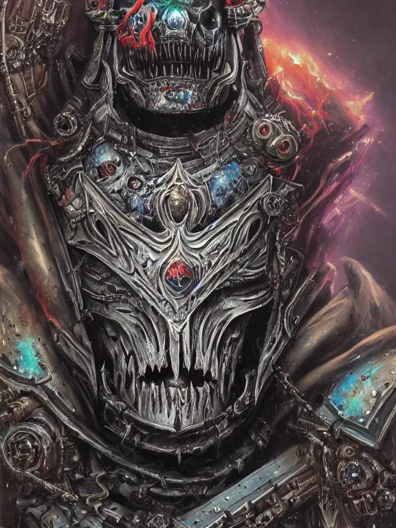 Prompt: art portrait of an undead space marine lich king, intricate detailed armour ,8k,by tristan eaton,Stanley Artgermm,Tom Bagshaw,Greg Rutkowski,Carne Griffiths, Ayami Kojima, Beksinski, Giger,trending on DeviantArt,face enhance,hyper detailed,minimalist,cybernetic, android, blade runner,full of colour,