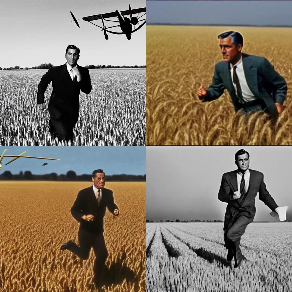 Prompt: cary grant running from a plane in a wheat field in death by northwest by hitchcock. in the background, the plane is a biplan with visible propellers and close to the ground. technicolor, 5 0 mm, hyperrealistic, extremely realistic face, highly detailed, highly intricate.