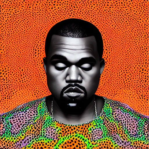 Image similar to Kayne West by Yayoi Kusama, octane render, transparent, zoomed out, orange backgorund, pastel colours, 4k, 8k, pleasent composition
