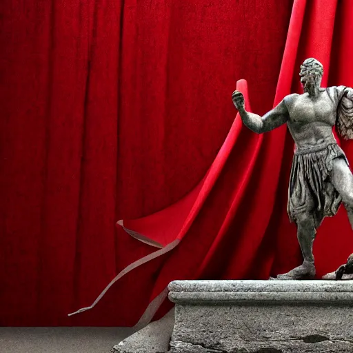 Image similar to a roman statue covered by red cloth that's blowing in the wind, digital art, concept art, cloth simulation with houdini, octane, redshift, 8 k