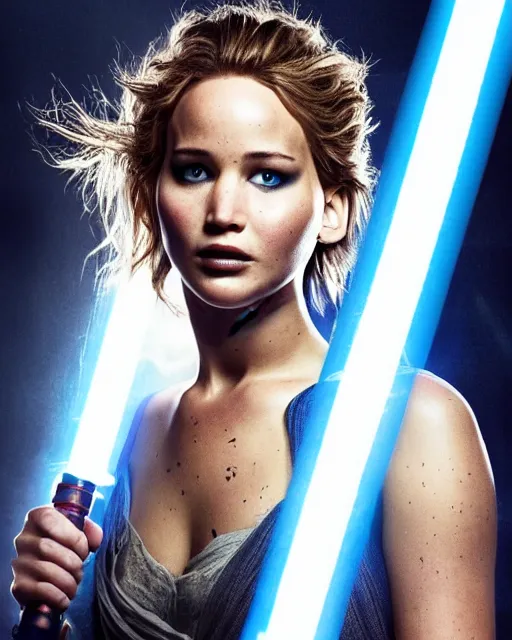 Image similar to jennifer lawrence as a jedi with ripped and damaged clothes holding a single lightsaber, blue coloured, in her hands, very dark background, official new star wars episode xi movie poster from lucas arts, perfect symmetrical face, moody lighting, 8 k, shallow depth of field, intricate detail,