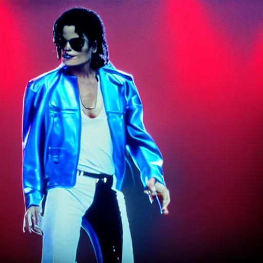 Prompt: photo of Michael Jackson wearing sunglasses on stage, dramatic blue lighting, cinematic, depth of field,