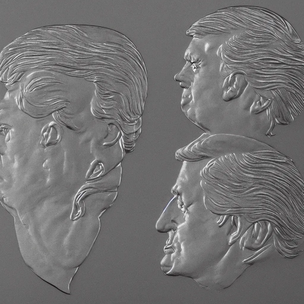 Image similar to Donald Trumps profile on a silver coin, photorealistic