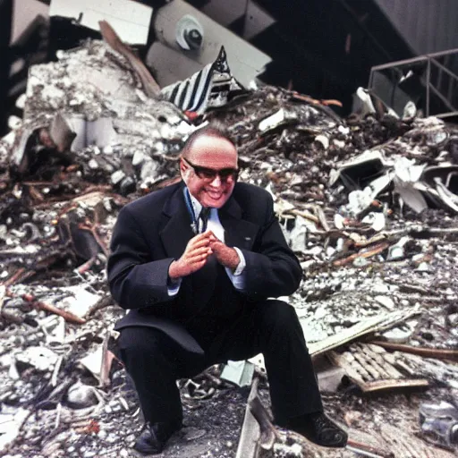 Prompt: a closeup a very drunk evil Rudy Giuliani squatting smiling wearing black thog underwaer while covering himself with rubble sensully on top of the world trade center rubble pile in new york