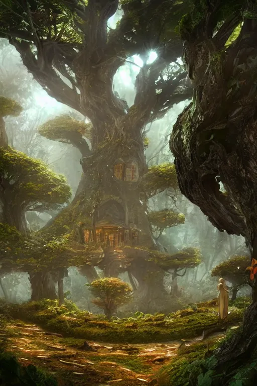 Prompt: A fairy city built into a tree, dramatic lighting, cinematic, establishing shot, extremely high detail, foto realistic, cinematic lighting, post processed, concept art, high details, cinematic, 8k resolution, beautiful detailed, photorealistic, digital painting, artstation, concept art, smooth, sharp focus, artstation trending, octane render, unreal engine