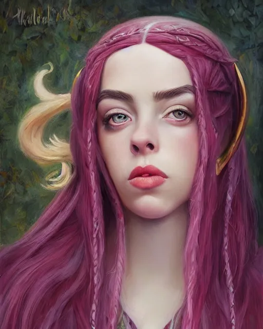 Image similar to billie eilish as a beautiful elf princess, oil painting, by laura sava