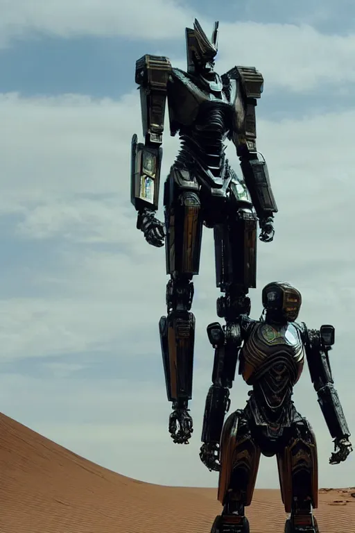 Image similar to cinematic still in dune movie and pacific rim movie and ps 5 game machine warrior 5, intricate ornate humanoid mecha warrior,