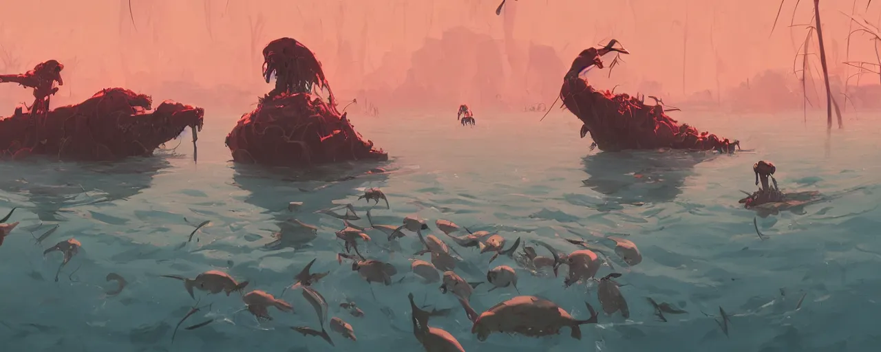 Image similar to piranhas devouring a bloody seal skeleton, blood in the water, atey ghailan, goro fujita, studio ghibli, rim light, terrifying, dark lighting, clear focus, very coherent