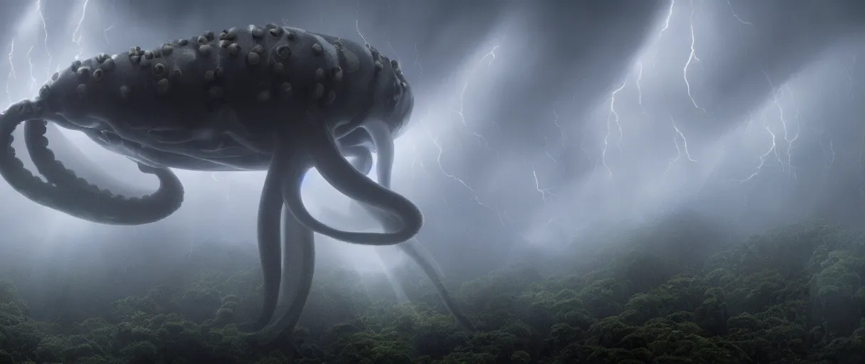 Image similar to a giant octopus tentacle hanging from the clouds over a rain forest, lightning storm and sun rays, ambient light, still from the movie the arrival, 8k