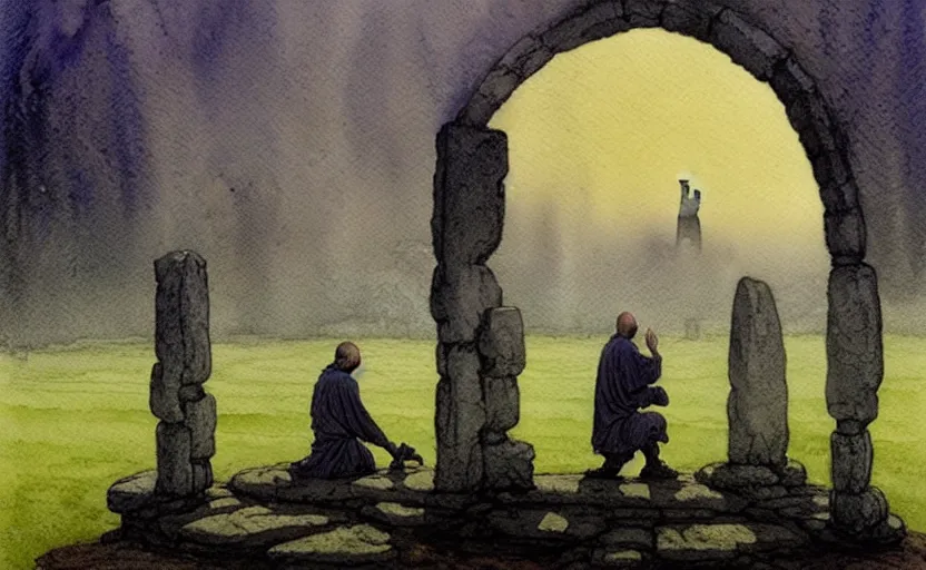 Image similar to a hyperrealist watercolour character concept art portrait of one small grey medieval monk kneeling in prayer as stonehenge rocks float in the air above him. it is a misty night. by rebecca guay, michael kaluta, charles vess and jean moebius giraud