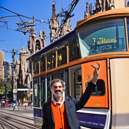 Image similar to gaudi stopping a tram with one hand while smiling