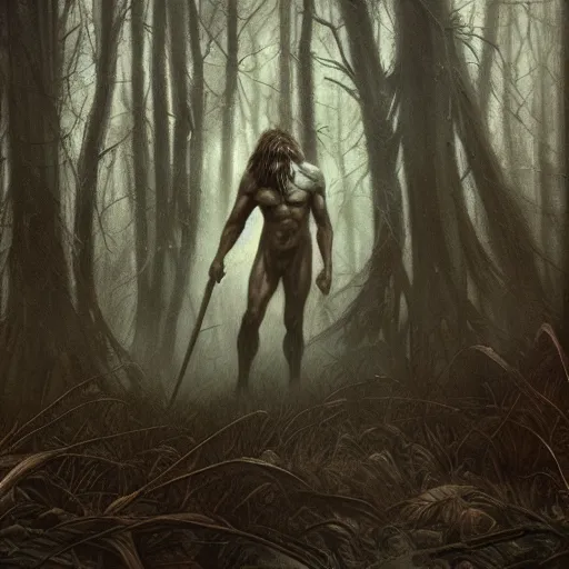 Image similar to Dark fantasy Painting of a huge muscular hairy bigfoot creature lurking in the misty forest, gloomy, full body, disgusting, creepy, unsettling, horror, intricate, wild, highly detailed, digital painting, artstation, concept art, smooth, sharp focus, illustration, art by artgerm and greg rutkowski and alphonse mucha