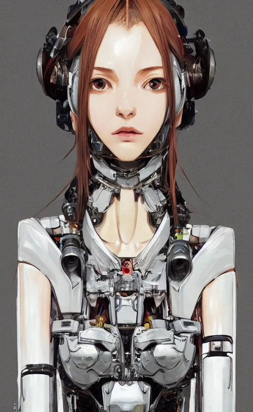 Image similar to a girl, fused mecha robot parts, vintage clothing, cyborg, anime style, long hair, hair down, symmetrical facial features, from arknights, hyper realistic, 4 k, rule of thirds, extreme detail, detailed drawing, trending artstation, hd, d & d, realistic lighting, by alphonse mucha, greg rutkowski, sharp focus, backlit