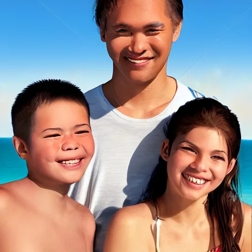 Prompt: portrait of a happy family at the beach, photo, realistic, smooth face, perfect eyes, wide angle, sharp focus, 8 k high definition, insanely detailed, intricate, elegant, art by artgerm