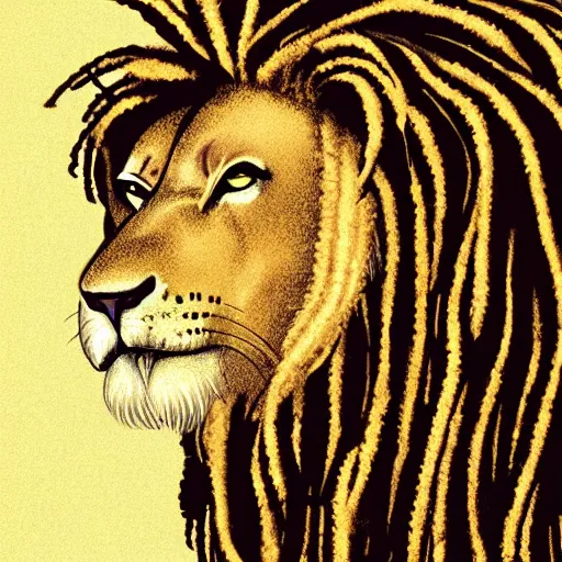 Image similar to illustration of an epic looking lion with a mane of rasta dreadlocks staring into the distance
