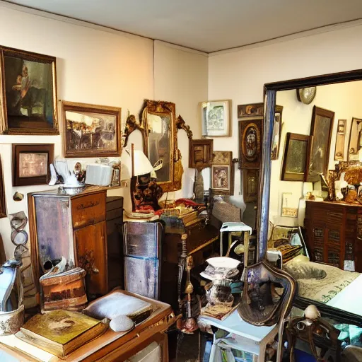 Image similar to ultra-wide shot cluttered room with antiques