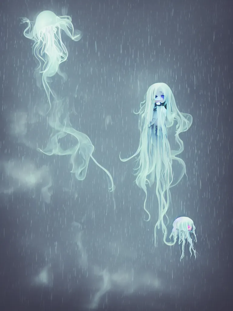 Image similar to cute fumo plush beautiful chibi ectoplasmic gothic witch jellyfish ghost girl, glowing milky wisps of hazy smoke and volumetric fog on a heavy rainstormy reflective river in the falling rain, lens flare, subsurface scattering, vignette, asymmetry, bokeh, refraction, vray