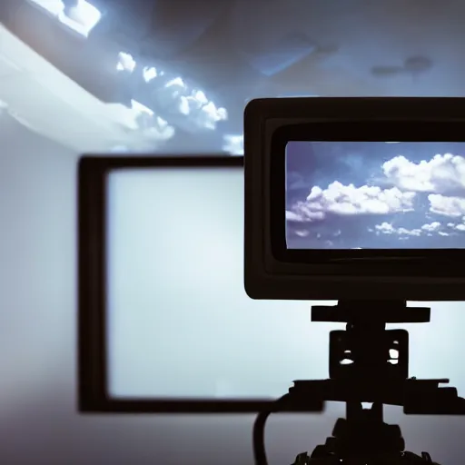 Prompt: a professional studio photograph of five 90s television VHS combo playing a video of clouds, key light, 50mm, shallow depth of field, no artefacts