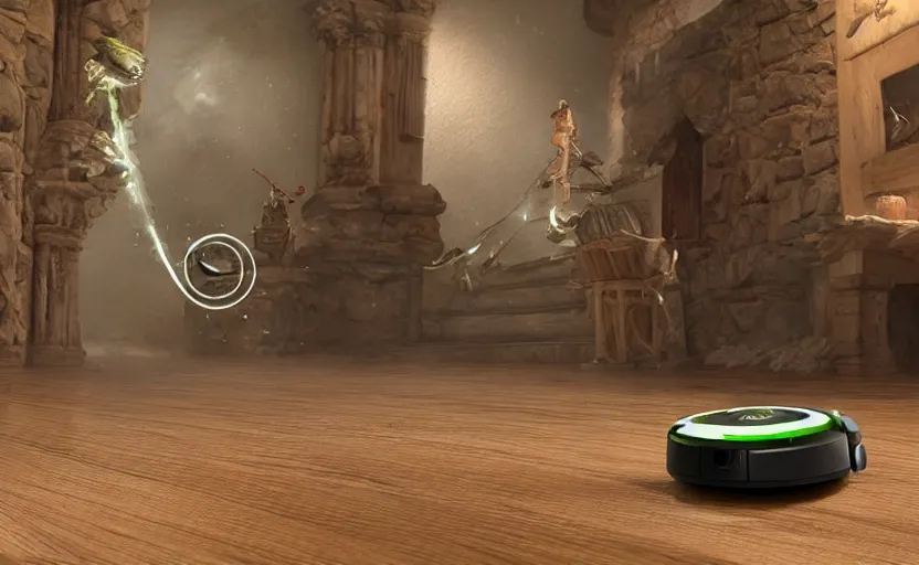 Prompt: A roomba sets off on an epic fantasy quest