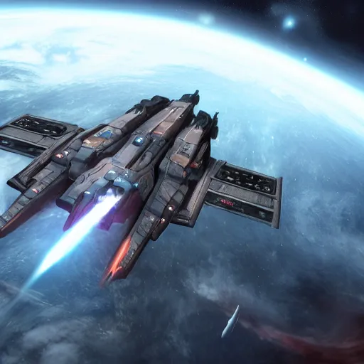 Prompt: close photo of the newest battle destroyer spaceship engaging battle in the universe of eve online with numerous space fighters fighting around