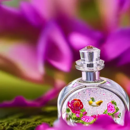 Image similar to perfume bottle in an enchanted flower patch, softly - lit, highly detailed, realistic, up close shot, f 2 0