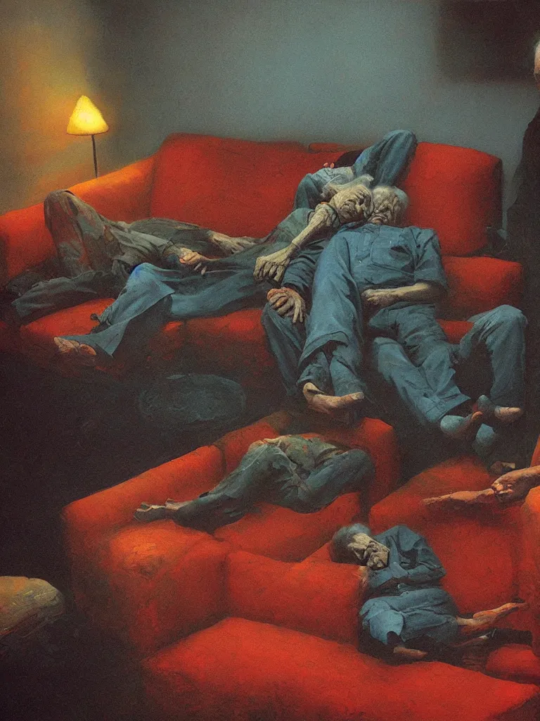 Prompt: old couple sleeping on a couch, psx game graphics , Beksinski painting, part by Adrian Ghenie