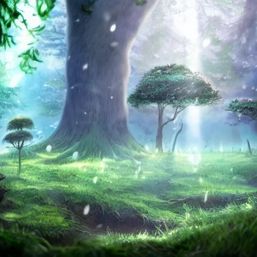 Prompt: A forest with a ray of light shining down onto the forest floor, soot sprouts floating, totoro hiding behind tree, magical, enchanting, graveyard, studio ghibli, beautiful, fantasy, digital art, high detail, excellent quality, 4K, OLED