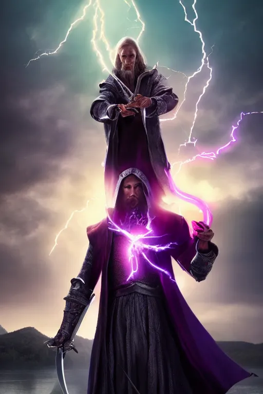 Image similar to hyper realistic wizard holding a sword that’s pointed towards the sky, getting shocked by purple lightning, levitating over a lake, octane, trending on artstation, hyper realistic, highly detailed, unreal engine, amazing depth of field, 8k