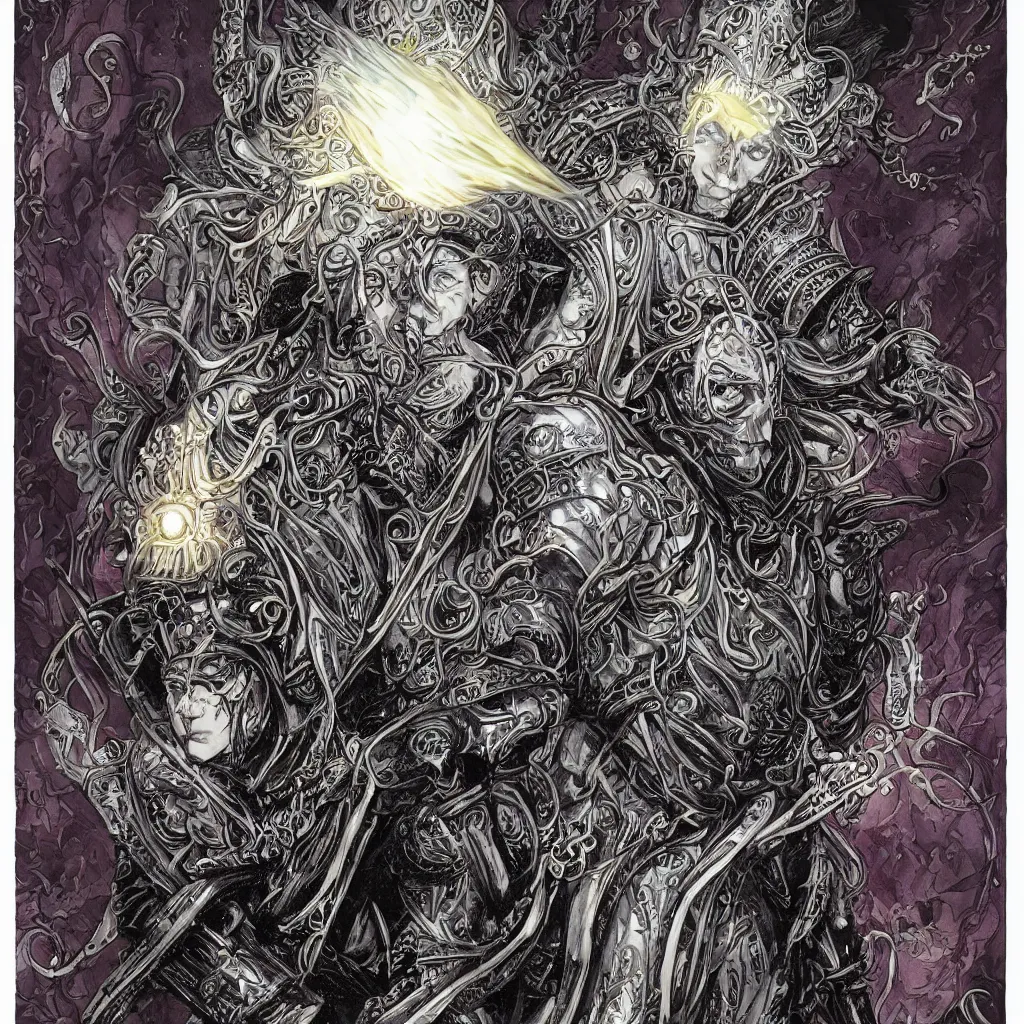 Prompt: A dramatic full color art nouveau bust portrait of Elric of Melnibone in black detailed armor, holding a rune-engraved black broadsword glowing with eldritch power, wearing an intricately hyperdetailed eyeball star chaos crown, by Travis Charest, P. Craig Russell, Michael Kaluta and Jia Ruan, fantasy, crisp lighting and edges, dark ambience, malevolent expression, determination, fear, confidence, accurate symmetrical facial details, aquiline facial features, medieval fantasy designs, white wolf