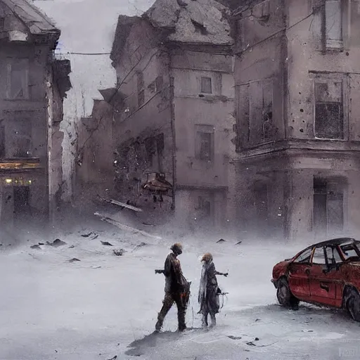 Prompt: painting by jakub rozalski of abandoned post soviet steampunk city