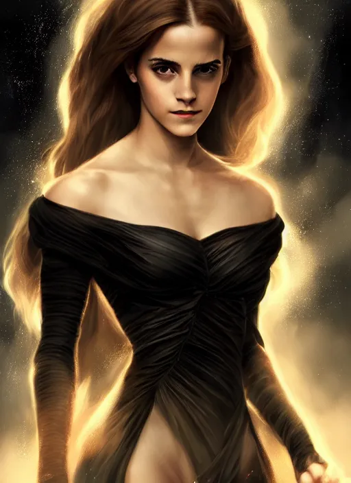 Image similar to emma watson as dark magic celestial, long hair, black and transparent cloth, space, D&D, shiny background, intricate, elegant, highly detailed, digital painting, artstation, concept art, smooth, sharp focus, illustration, artgerm, bouguereau