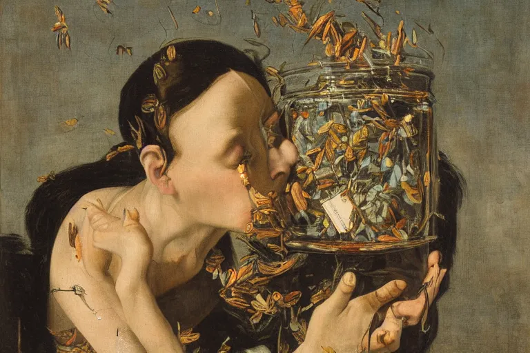 Image similar to a painting of pandora opening her jar, releasing insects and critters that impersonate sickness and death, personification of misery in the style of realism and artemisia gentileschi