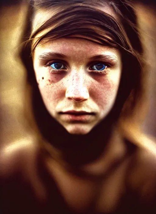 Image similar to Kodak Portra 400, 8K, highly detailed, britt marling style 3/4 dramatic photographic Close-up face of a extremely beautiful girl with clear eyes and brown hair , high light on the left, illuminated by a dramatic light, Low key lighting, light dark, Steve Mccurry, Lee Jeffries , Norman Rockwell, Craig Mulins ,dark background, high quality, photo-realistic.