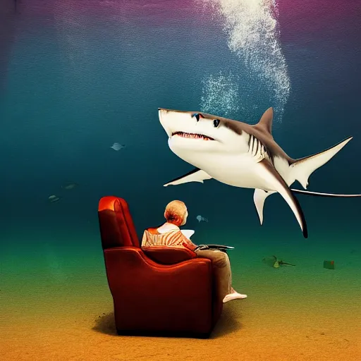 Image similar to a shark sitting in a chair reading a book underwater realistic hdr 8 k 3 5 mm