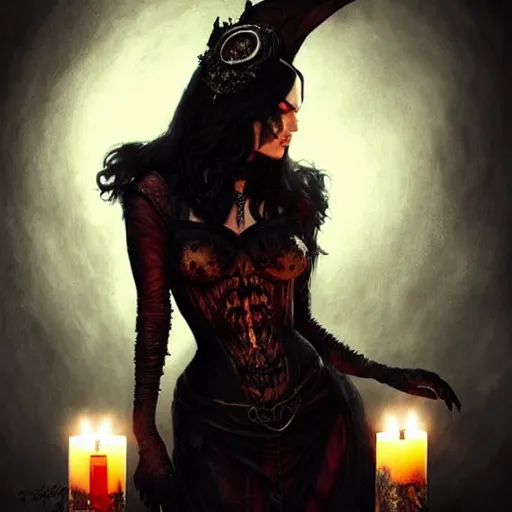 Prompt: megan fox witch queen, black eyes, blood, full body, intricate victorian dress, symmetrical eyes, artgerm, rafael albuquerque, frank frazetta, moody lighting, candles