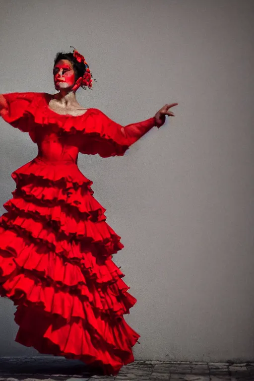 Image similar to spanish flamenco dancer in mallorca wearing a red dress made of flowers, head if red vapor disappearing into ether, evening, dimly lit, foggy, photo realistic, extreme detail skin, no filter, slr, 4 k, high definition