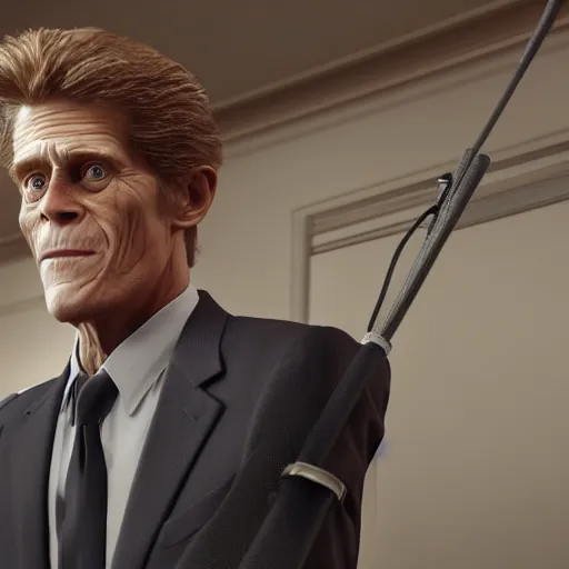 Prompt: highly detailed portrait of willem dafoe as harry osbourne becoming president of the united states, unreal engine, photo realistic, warm lighting