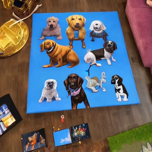 Prompt: a velvet painting of dogs playing Fortnite