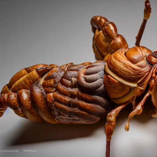 Image similar to a weta made out of croissant. high quality, high resolution, studio lighting