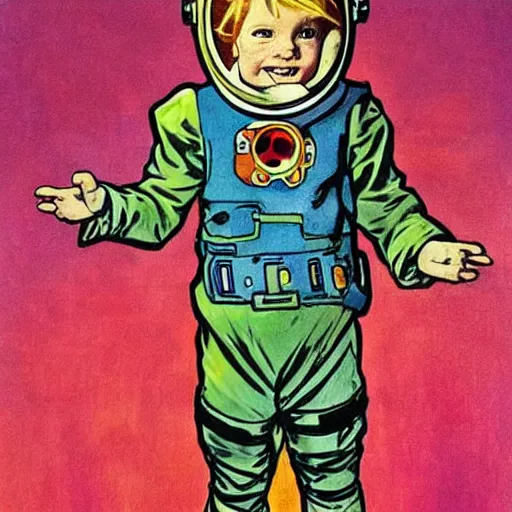 Image similar to a cute little boy with a mischievous face and short ginger hair. he is dressed as an astronaut. well composed, clean elegant painting, beautiful detailed face. comic book art by steve ditko and jack kirby and ( alphonse mucha )