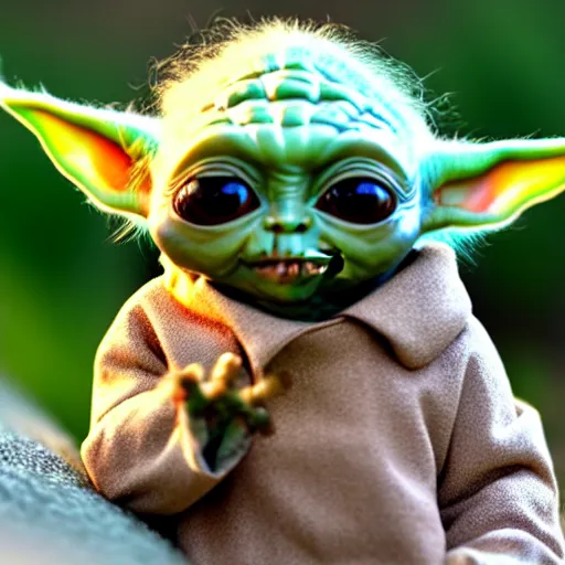 Image similar to real life Grogu, Baby Yoda, cute!!!, adorable!!!, ultra realistic!!!, golden hour, sharp focus