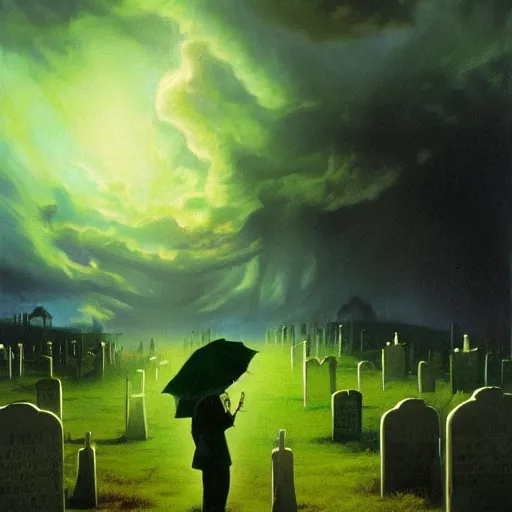 Prompt: ultra realistic portrait painting of a glowing green ghost in a cemetery, art by frank frazetta, vintage levi ’ s ad, stormy weather, dark vibes, 4 k, ultra realistic, highly detailed, epic lighting