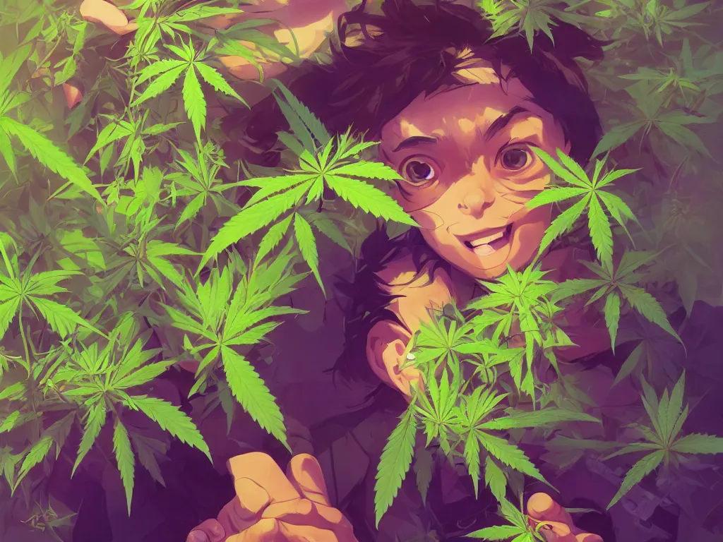 Prompt: kid with green purple flowers of marijuana hemp cannabis, behance hd by jesper ejsing, by rhads, makoto shinkai and lois van baarle, ilya kuvshinov, rossdraws global illumination, golden ratio, symmetrical beauty face