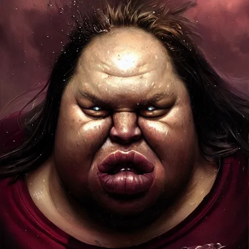 Prompt: hyper realistic, close up portrait of a mega derpy disgusting fat slob by greg rutkowski, scott m fischer, artgerm, loish, slight glow, atmospheric, anne stokes, alexandros pyromallis