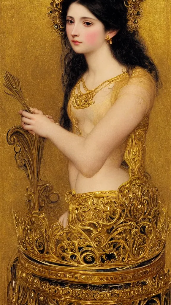 Image similar to painting portrait of a beautiful black haired woman with pale skin and a crown on her head sitted on an intricate metal throne, intricate, elegant, digital painting, smooth, sharp focus, shiny gold, realistic gold, realistic metal, by william - adolphe bouguereau and gustav klimt,