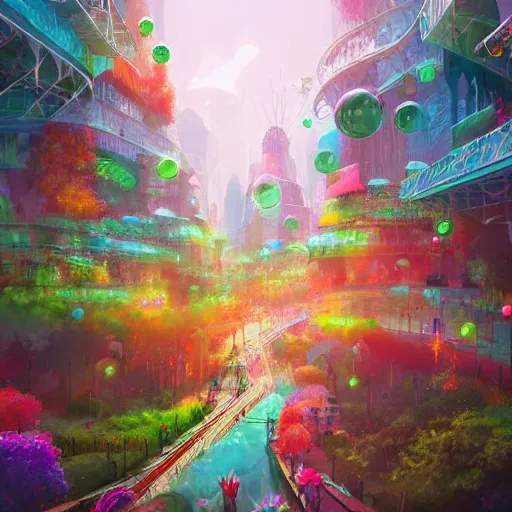 Image similar to a utopian city, filled with extremely colorful fauna, with bubbles floating around everywhere, dynamic lighting, fantasy concept art, trending on art station, stunning visuals, creative, cinematic, ultra detailed