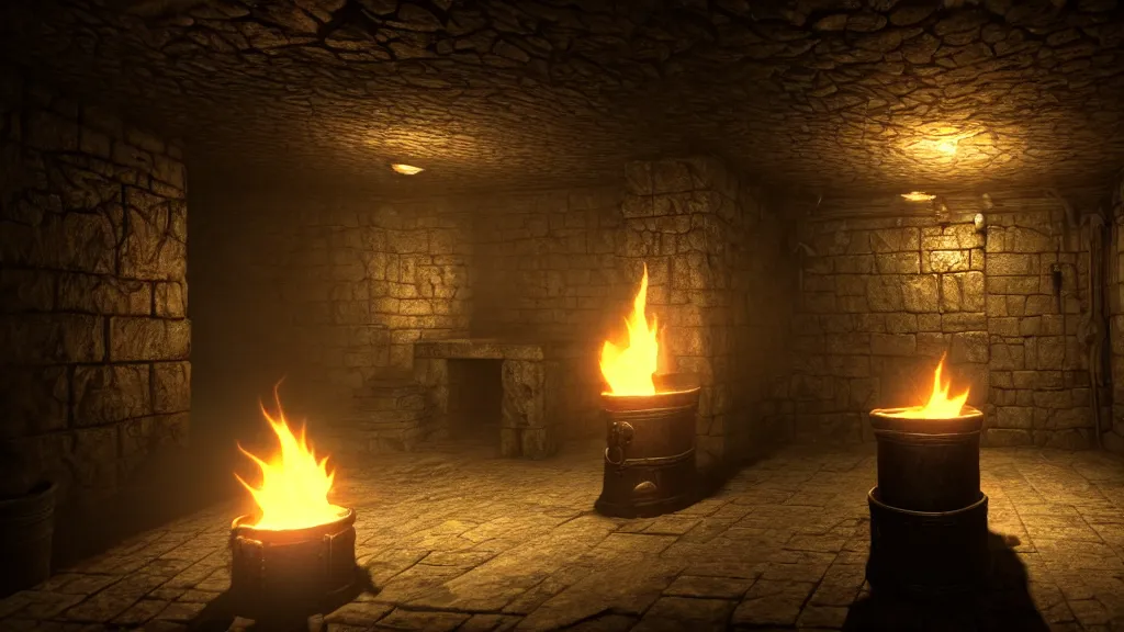 Image similar to delicious torch lit prison dungeon jail cell atmospheric unreal engine hyperreallistic render 8k character concept art masterpiece screenshot from the video game the Elder Scrolls V: Skyrim moody flame orange 2700K global illumination